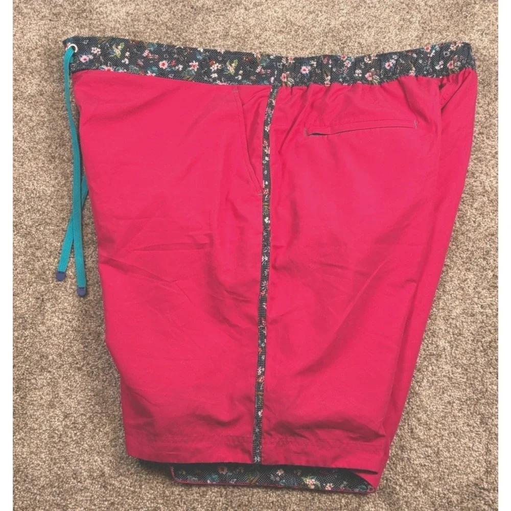 Robert Graham Mens 2XL Swim Trunks Shorts Pink Floral Trim Mesh Lined Pocket Zip